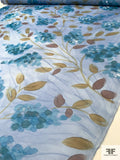 Italian Striating Floral Printed Satin Face Organza - Sky Blue / Turquoise / Olive Green