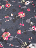 Floral Printed Sheer Striped Cotton Voile - Navy / Fuchsia / Grey / Black