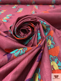 Floral and Semi-Circle Block Printed Soft Cotton Lawn - Dusty Rose / Aquamarine / Purple