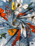 Floral Printed and Striped Cotton Twill with Vertical Stretch - Denim Blue / White / Orange / Yellow