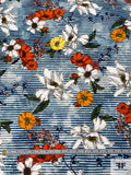 Floral Printed and Striped Cotton Twill with Vertical Stretch - Denim Blue / White / Orange / Yellow