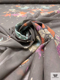 Bonsai Printed Silk-Cotton Voile Panel - Dark Khaki Grey / Orange / Light Blue / Beige
