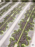 Regal and Chevron Printed Cotton-Silk Mikado - Greens / Grey / Pearl White / Taupe