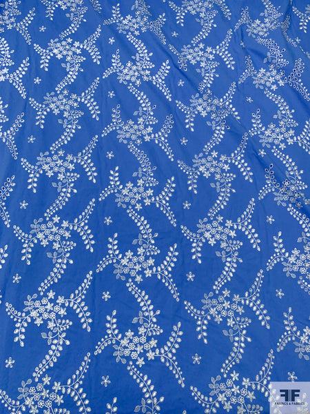 Leaf and Floral Embroidered Cotton Eyelet - Carolina Blue/White