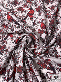 Birds and Ornate Vines Printed Stretch Cotton Poplin - Red / Black / White