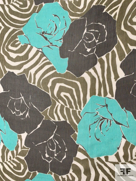 Italian Oversize Floral Graphic Printed Crinkled Silk Chiffon - Black /  White - Fabric by the Yard