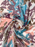 Italian Painterly Brushstroke Printed Silk Chiffon - Teal / Brown / Plum Purple / Cream