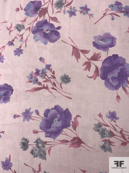 Cali Fabrics Plum Floral on Slate Blue Designer Chiffon Fabric by the Yard