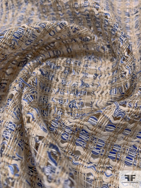 Italian Influence, FE DVX Florentine Motif in online Blue, on Ecru Ground, Woven Cotton Toile Style Fabric, Heavier Weight