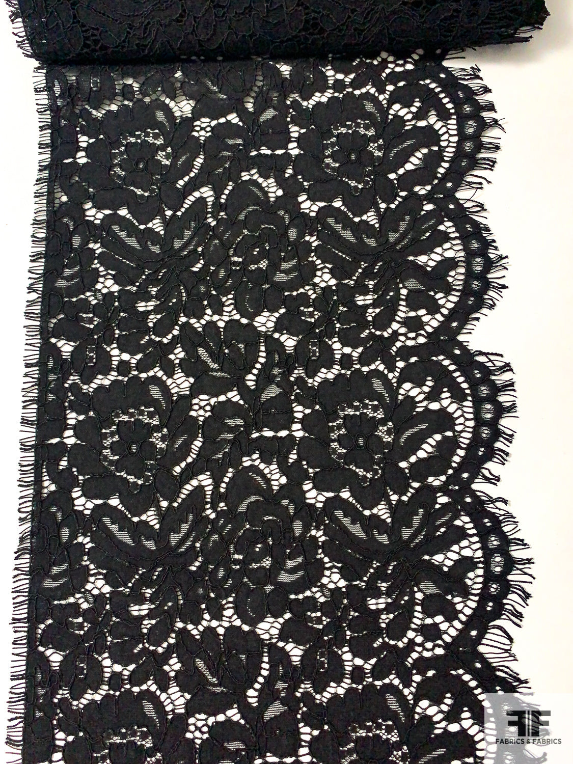 Single-Scalloped Floral Fine Corded Lace Trim Strip - Black