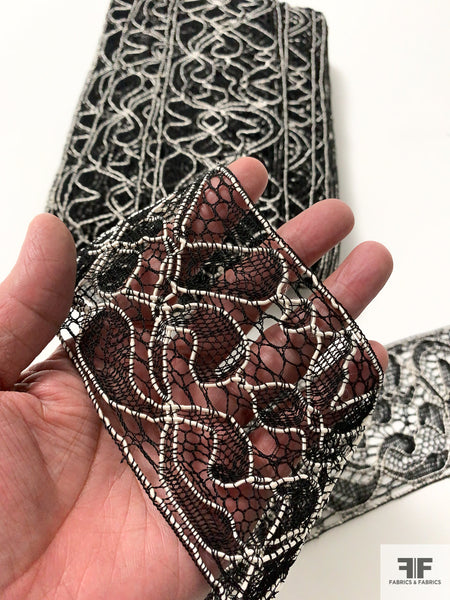 Exotic Floral Corded Lace Trim - Black/Off-White | FABRICS