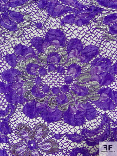 Double-Scalloped and Eyelash Floral Leavers Lace Trim - Boysenberry /  Silver