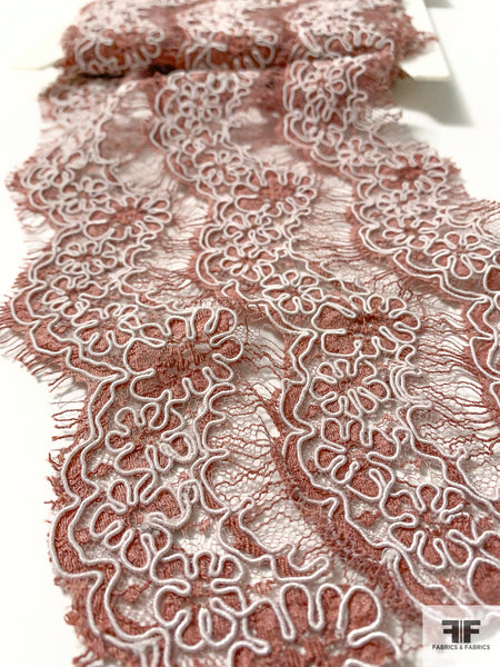 French Triple-Scalloped Floral Alencon Lace Trim - Dusty Mauve/Light Pink