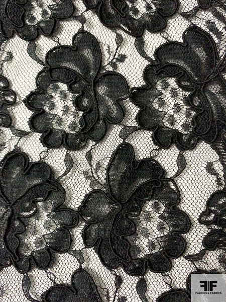 Victorian Design Corded Lace - Black - Fabric by the Yard