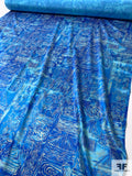 Gold Foil Printed Archeological Inspired Silk Charmeuse - Shades of Blue / Gold