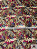 Abstract Painterly Floral Printed Vintage Silk Twill- Light Olive / Browns / Wine Grape / Indigo