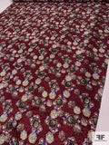 Ornate Floral Printed Vintage Silk Jacquard - Maroon / Mossy Green / Brown