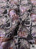 Ornate Grid Printed Vintage Silk Jacquard with Gauze-Like Weaving - Lavender / Black / Milk Chocolate