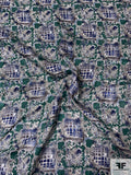 Ornate Grid Printed Vintage Silk Jacquard with Gauze-Like Weaving - Sacramento Green / Navy / Grey / Off-White
