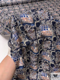 Ornate Grid Printed Vintage Silk Jacquard with Gauze-Like Weaving - Navy / Royal Blue / Cream / Tan