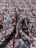 Ornate Grid Printed Vintage Silk Jacquard with Gauze-Like Weaving - Maroon / Dusty Blue / Off-White