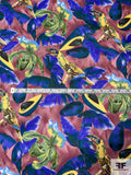 Italian Tropical Parrots and Avocados Printed Fine Silk Twill - Electric Indigo / Yellow / Lime / Dusty Rose