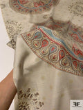 Vintage Large Ornate Circle Medallion Printed Silk Shantung - Antique Earth Tones / Washed Red