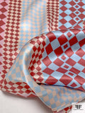 Checkerboard Striped Printed Silk Charmeuse - Baby Blue / Dusty Rose / PInks