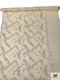 French Floral and Boxy Embroidered Fine Satin Face Organza - Cream / Silver / Yellow