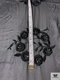 Single-Scalloped Floral Wreath Embroidered Silk Chiffon - Black