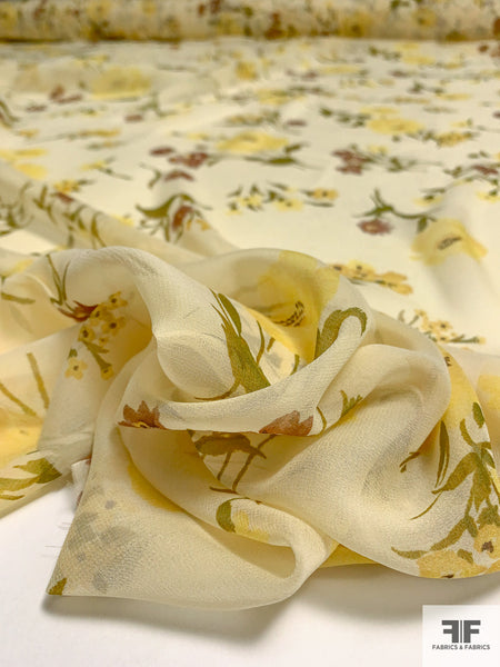 Gentle Floral Printed Silk Chiffon - Soft Yellow/Yellow/Lemon