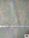 Large-Scale Regal Mediterranean Paisley Printed Crinkled Silk Chiffon - Green / Turquoise / Saddle Brown