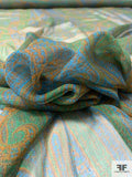 Large-Scale Regal Mediterranean Paisley Printed Crinkled Silk Chiffon - Green / Turquoise / Saddle Brown
