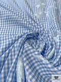 Gingham Check Cotton-Poly Shirting with Floral Design Embroidery - Blue / White