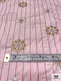 Floral Snowflake Embroidered Striped Cotton Shirting - Soft Pink / Gold / White / Dusty Rose