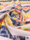 Chevron Striped Printed Textured Polyester Pique - Navy / Coral / Yellow / Off-White