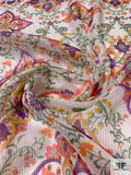 Ornate Vines and Clovers Printed Silk Chiffon with Silver Lurex Pinstripes - Green / Purple / Oranges / Off-White