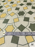 Geometric Links Printed Silk Chiffon with Silver Lurex Pinstripes - Pastel Green / Army Green / Yellow