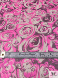 Floral Rosettes Printed Silk Chiffon with Gold Lurex Pinstripes - Hot Pink / Purple / Off-White