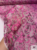 Floral Rosettes Printed Silk Chiffon with Gold Lurex Pinstripes - Hot Pink / Purple / Off-White