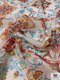 Floral Sketch Printed Silk Chiffon with Gold Lurex Pinstripes - Turquoise / Chartreuse / Burgundy / Off-White