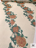 Diagonal Floral Vines Printed Silk Chiffon - Greens / Rust Orange / Beige