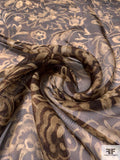 Italian Ornate Floral Printed Fine Silk Mesh-Gauze - Brown / Tan