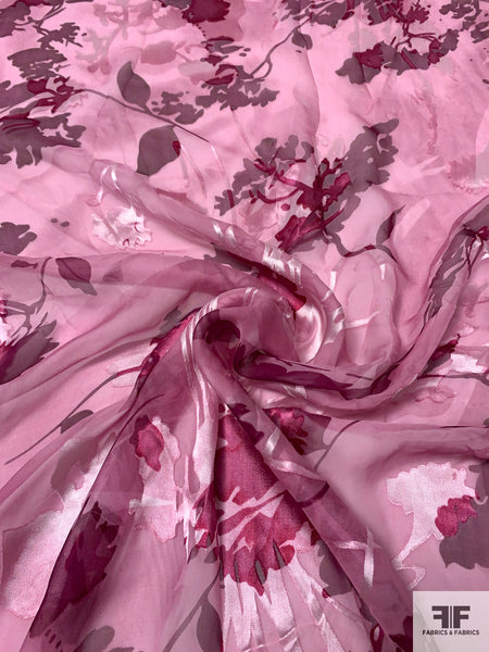 Printed silk chiffon fabric fuchsia and pink geometric with satin bands (2  meters)