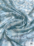 Delicate Hearts in Floral with French Script Printed Silk Habotai - Seafoam Blue / Black / Off-White