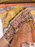 Boho Floral and Linear Printed Crinkled Silk Chiffon with Gold Lurex Detailing - Yellow / Orange-Peach / Brown