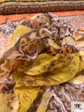 Boho Floral and Linear Printed Crinkled Silk Chiffon with Gold Lurex Detailing - Yellow / Orange-Peach / Brown