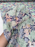 Floral Printed Silk Chiffon with Metallic Detailing - Minty Green / Navy / Light Peach