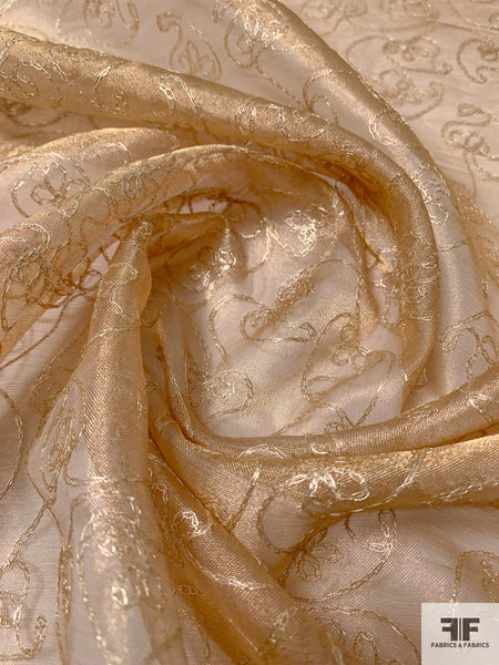 Embroidered Metallic Organza with Stitched on Lace - Rose Gold/Beige