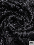 3D Ribbon Work Peonies on Polyester Charmeuse - Black